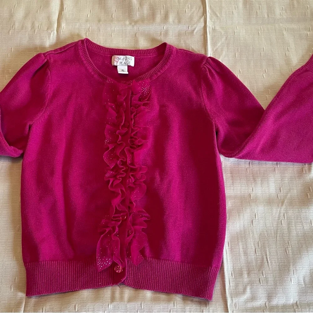 The Children's Place Girls Fuchsia Pink Ruffle Cardigan Sweater Size 7/8 Knit